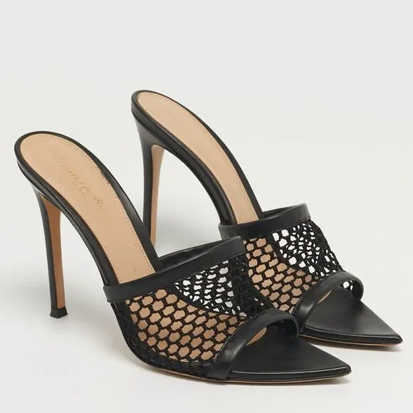 Gianvito Rossi Alisia Black Mesh And Leather Slide Sandals Size 39 - Picture 4 of 7